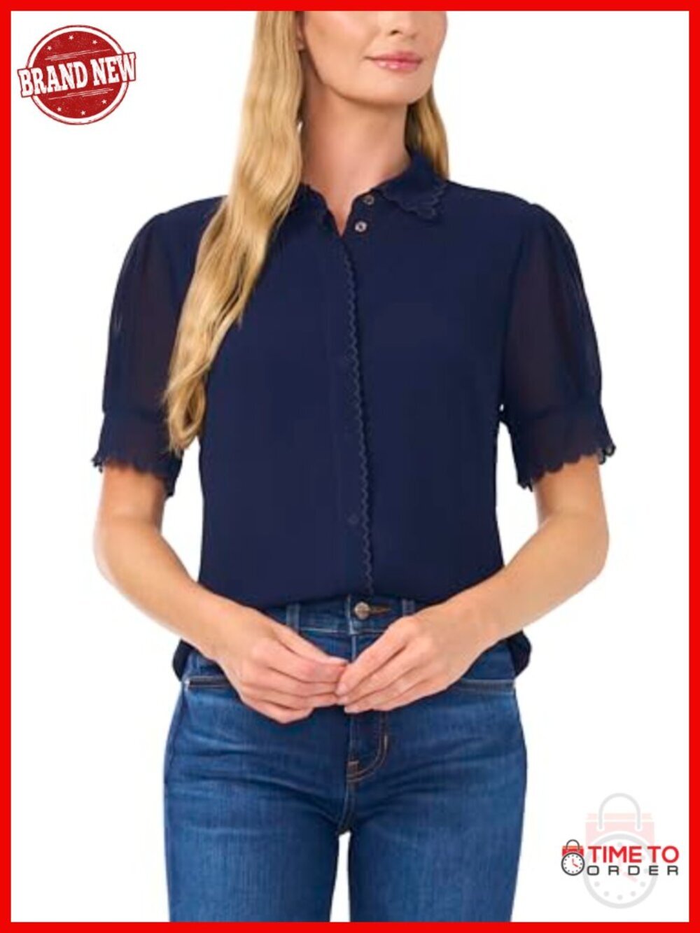 Short Sleeve Scallop Trim Button Up Blouse